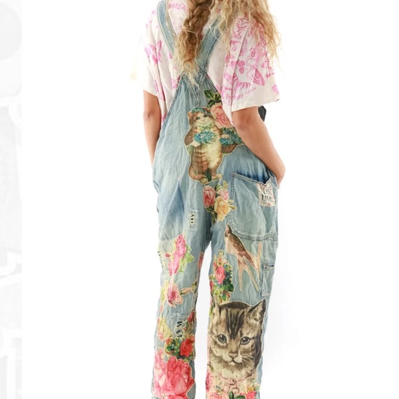 Magnolia Pearl/Free People Floral Appliqué Denim Overalls - Vintage - OS - NWT - Picture 4 of 16
